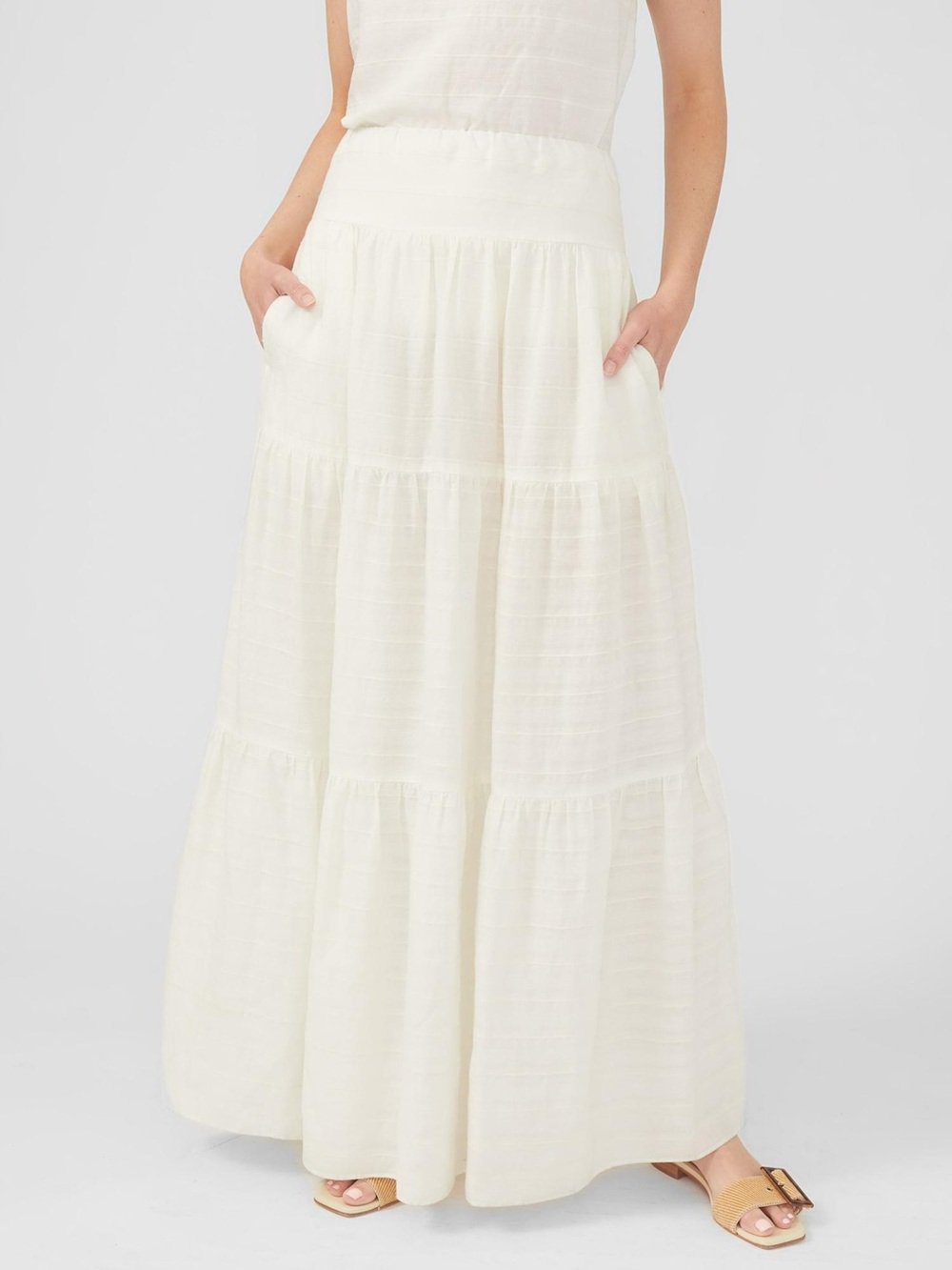 NWT J.McLaughlin Ophelia Maxi Skirt M Cotton Linen Blend Voile Tiered Ecru Ivory